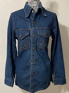 Vintage 1970 Red Snap Brand Denim Snap Button Shirt Dark Indigo Denim